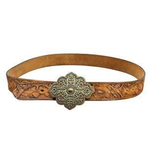 Western Leather Fancy Buckle Belt SZ 38 Women’s Brown Large Buckle Tooled Eagle